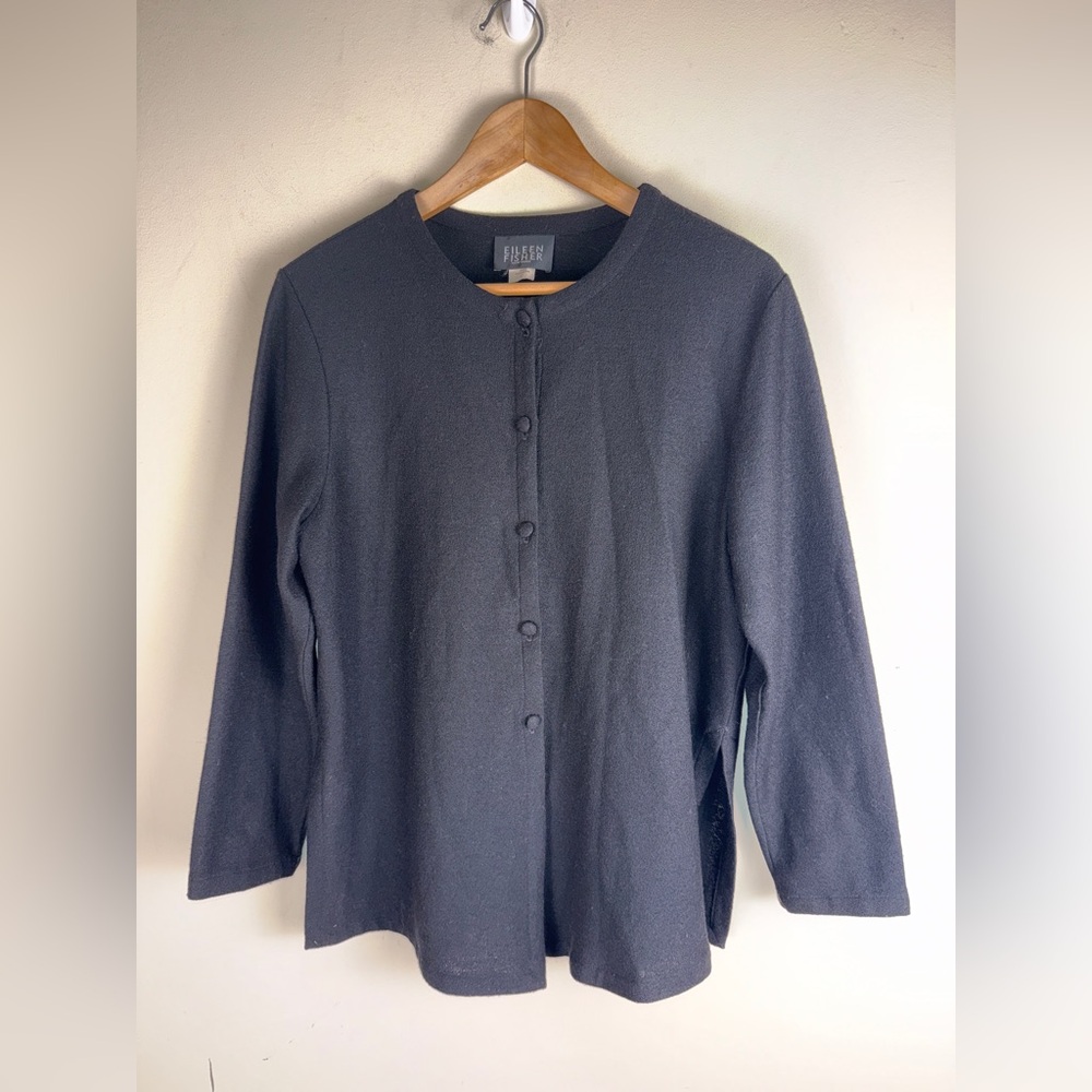Eileen Fisher Women's Black 100% Wool Button Up Cardigan Side Slit Small Career